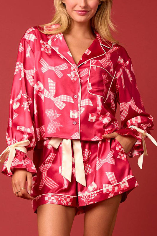 Velina Moda | Christmas Print Lace-Up Cuff Top and Elastic Waistband Pockets Casual Shorts Set