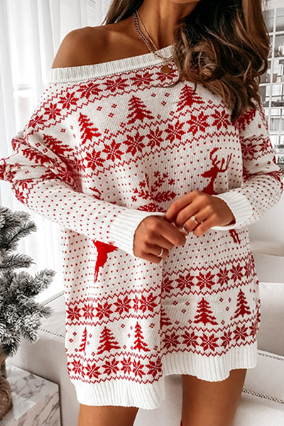 Velina Moda | Casual Wapiti Snowflake Christmas Tree Printed Patchwork Contrast O-Neck Dresses Sweater