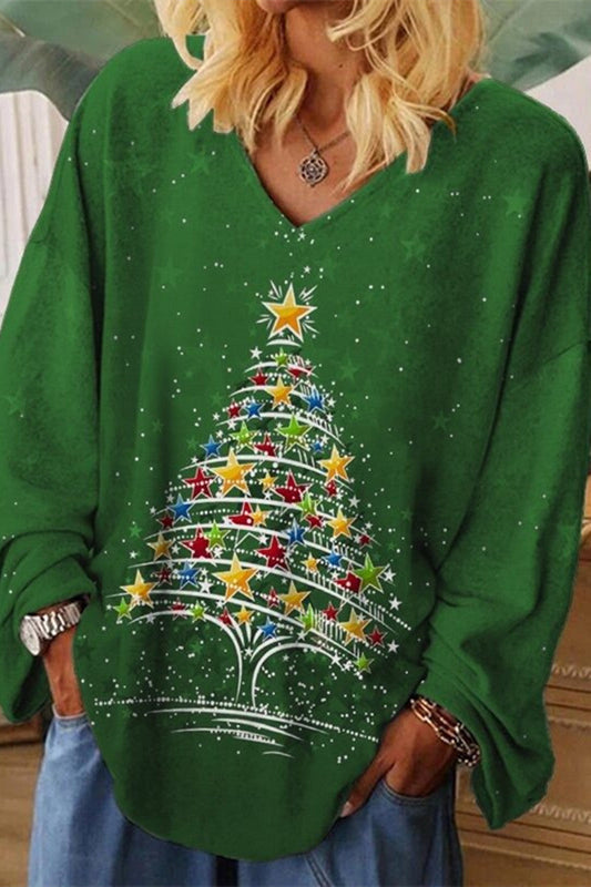 Velina Moda | Casual Christmas Tree Printed Patchwork V-Neck Tops