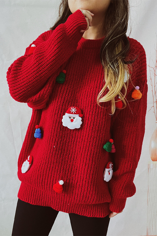 Velina Moda | Casual Santa Christmas Tree Patchwork Weave Round Neck Sweater