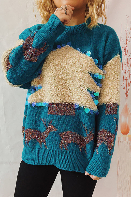 Velina Moda | Casual Christmas Tree Sequin Patch Round Neck Sweater