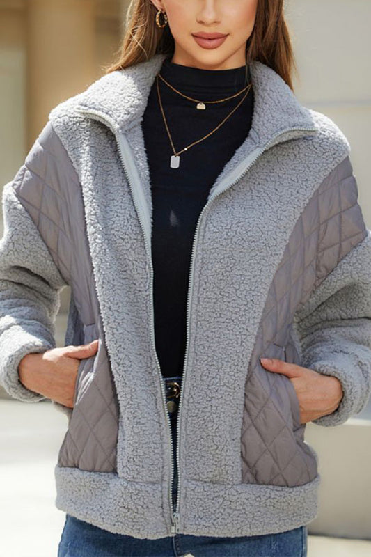 Velina Moda | Long Sleeve Cardigan with Zipper Made Of Plush Patchwork Women'S Jacket