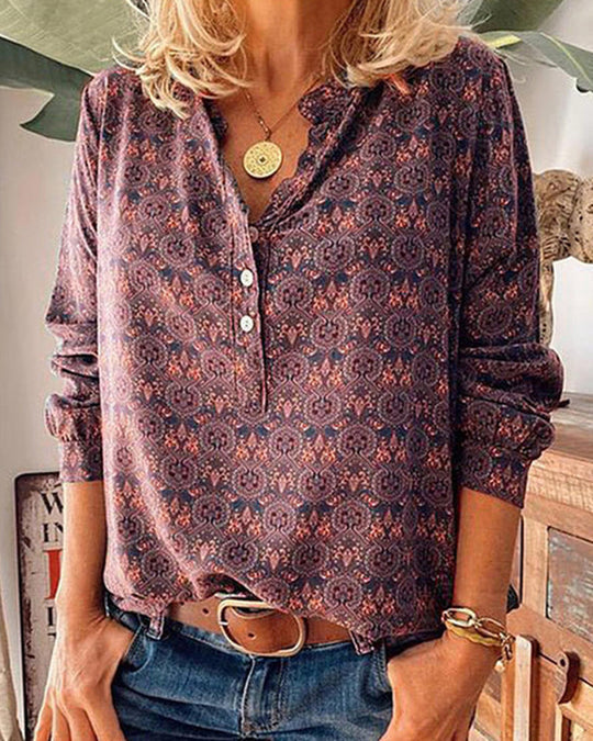 Long sleeve blouse with vintage print