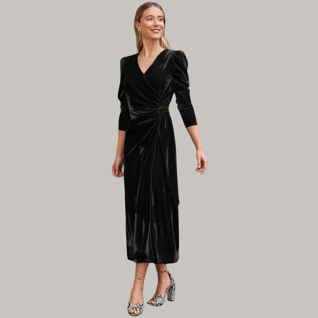 Long midi wrap dress in velvet with puff sleeves
