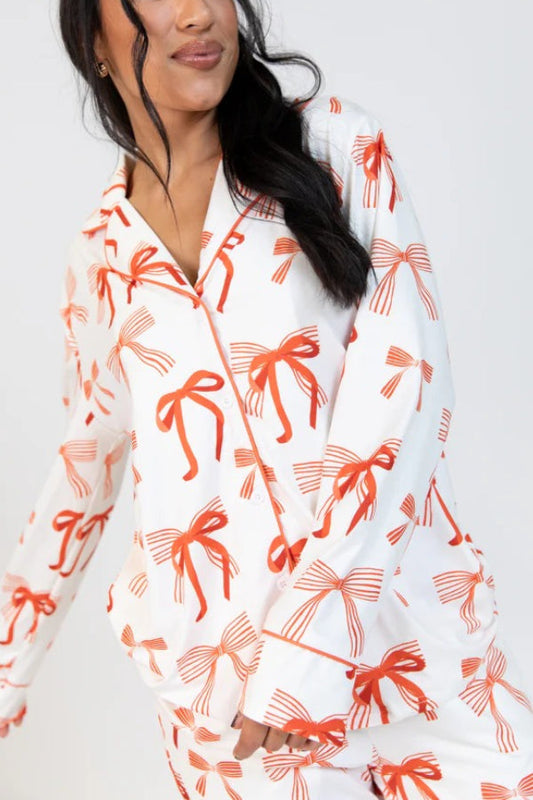 Velina Moda | Christmas Bow Print Long Sleeve Shirt and Elastic Waist Pocket Pants Set