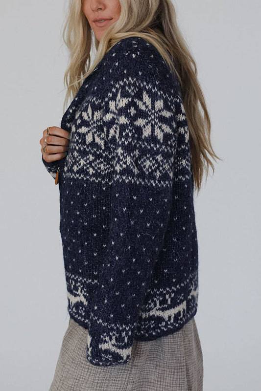 Velina Moda | Christmas Snowflake Moose Zip Long Sleeve Sweater