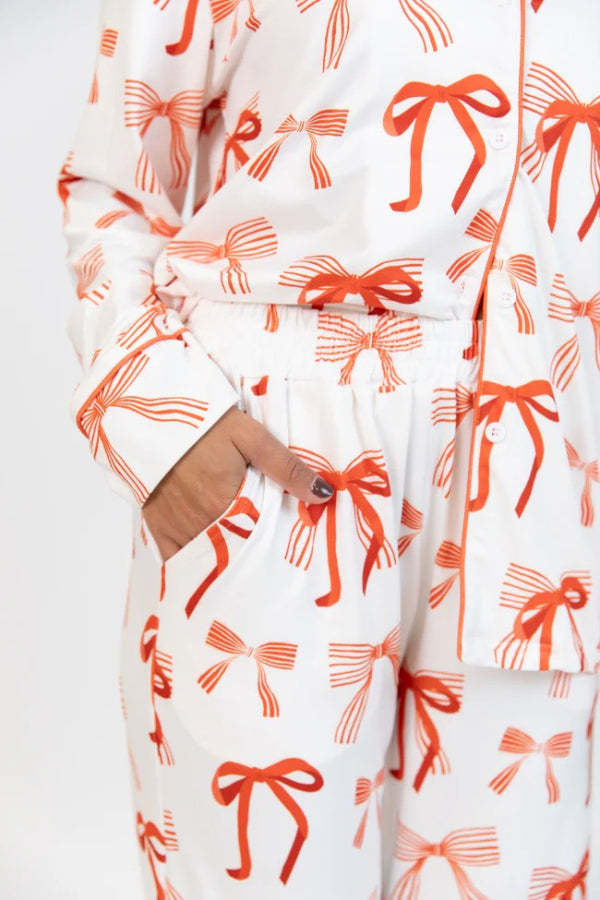 Velina Moda | Christmas Bow Print Long Sleeve Shirt and Elastic Waist Pocket Pants Set