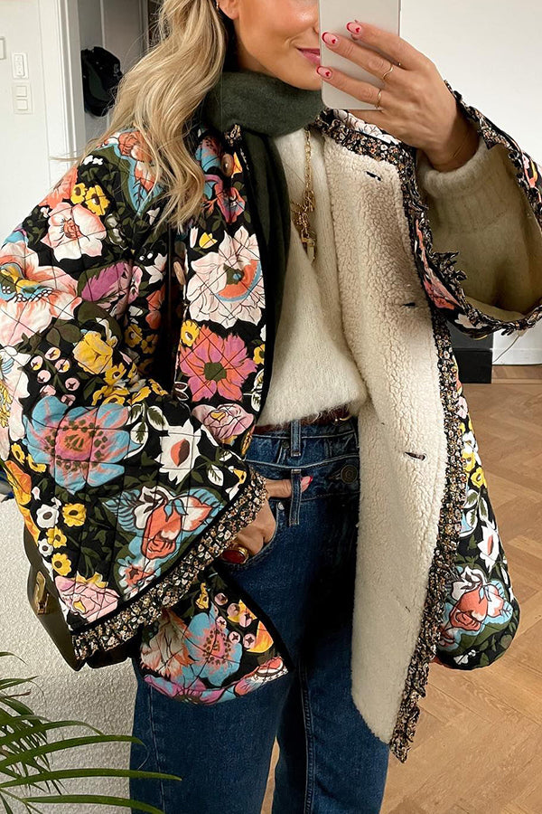 Velina Moda | Floral Pattern Button Closure Quilted Sherpa Jacket