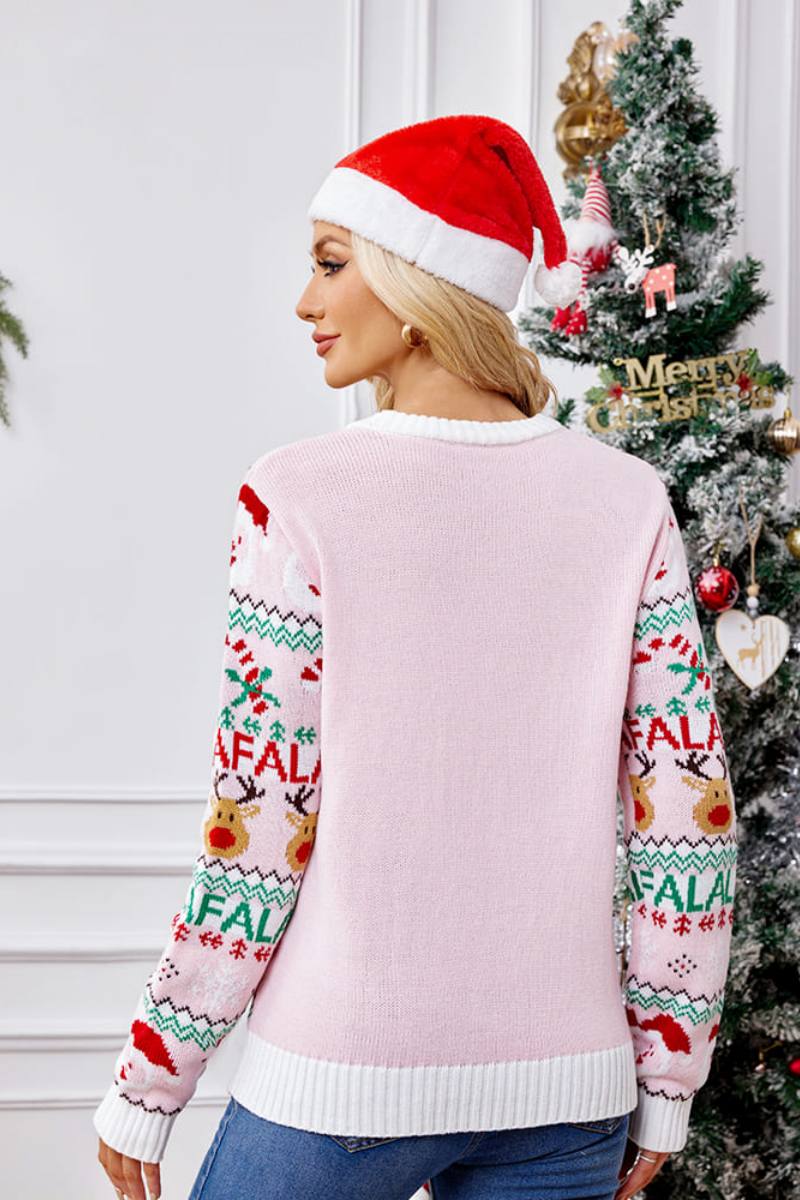 Velina Moda | Loose Fit Round Neck Christmas Cartoon Knit Sweater - Pink