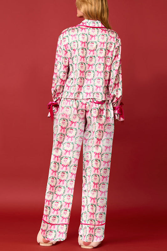 Velina Moda | Christmas Printed Velour Lacing Long Sleeve Pocket Top and Elastic Waist Pants Set