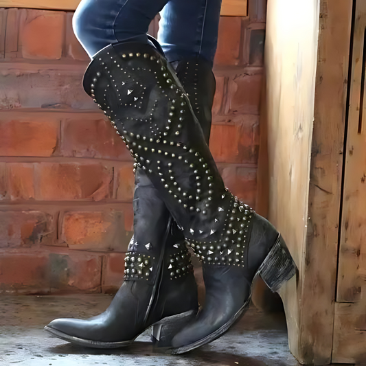 Valeria – High cowboy boots with an aged effect, metallic studs, and medium heel