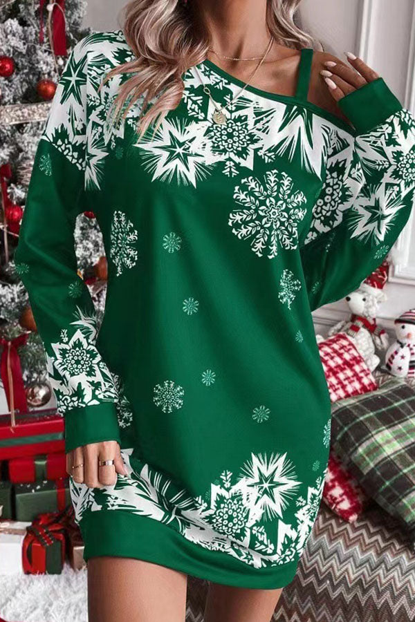 Velina Moda | Christmas Snowflake Cold Shoulder Loose Sweatshirt Mini Dress