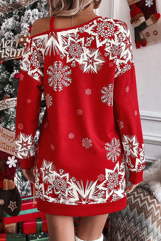 Velina Moda | Christmas Snowflake Cold Shoulder Loose Sweatshirt Mini Dress