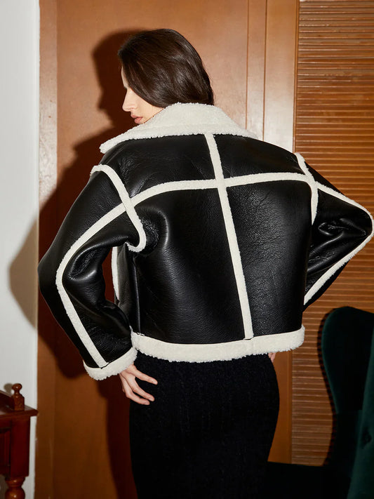 Velina Moda | Lined Contrast Trim Faux Leather Jacket