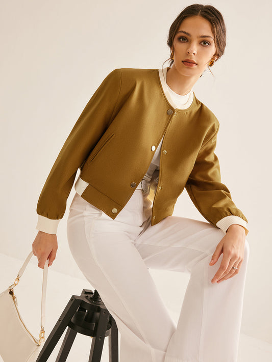 Velina Moda | Crew Neck Contrast Trim Button Jacket