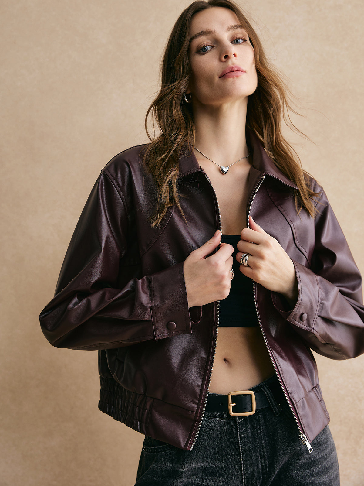 Velina Moda | Zipper Pu Leather Short Jacket