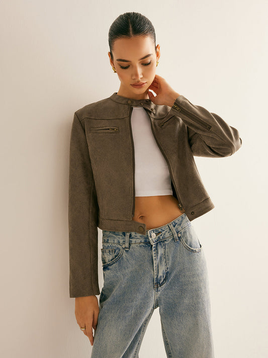 Velina Moda | Button Collar Zipper Jacket