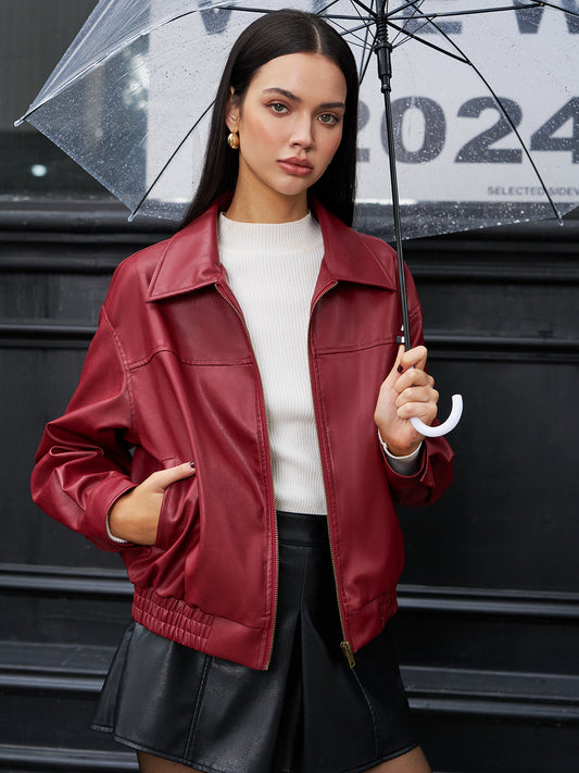 Velina Moda | Leather Zip Polo Jacket