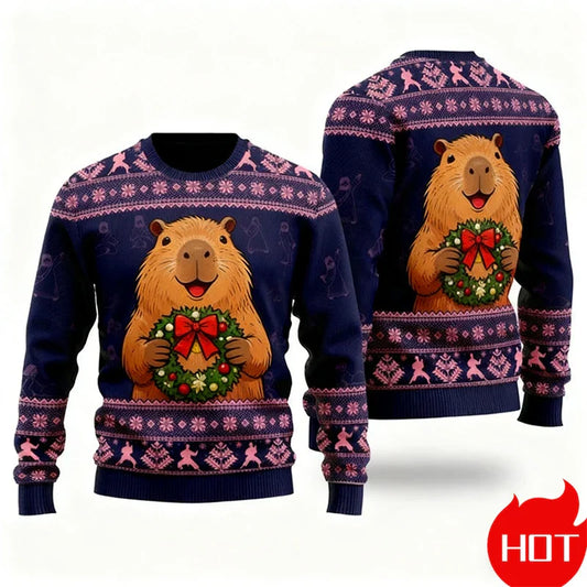 Velina Moda | Christmas Sweater - 3D Capybara Design, Warm Comfort & Joyful Festive Style