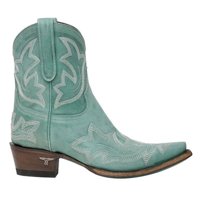 Aquaria – Turquoise cowboy boots with artisanal embroidery and low wooden heel
