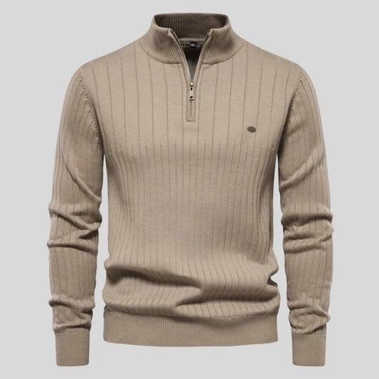 Velina Moda | Sweater - Half-Zipper Ribbed Structure Stand-Up Collar