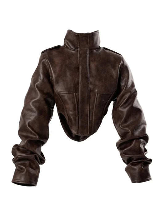 Velina Moda | Faux leather jacket - Fashionable cropped biker jacket with balloon sleeves & stylish design