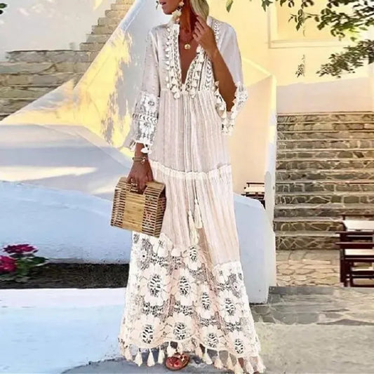 Bohemian long dress with lace and fringe