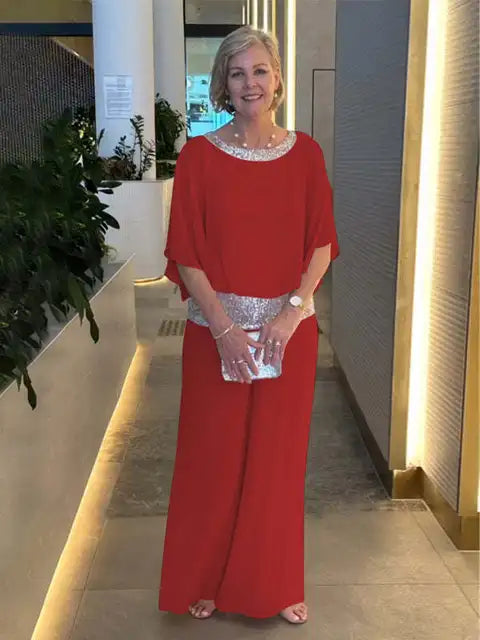 Elegant evening ensemble: Shiny top and palazzo pants