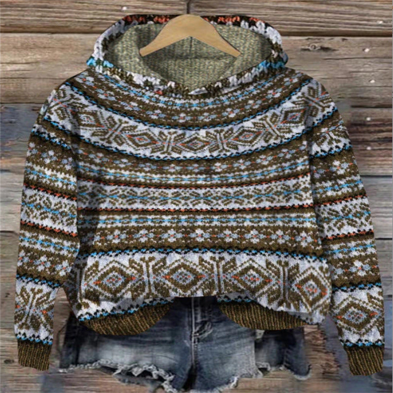 Velina Moda | Women's knit hoodie with Norwegian pattern and hood