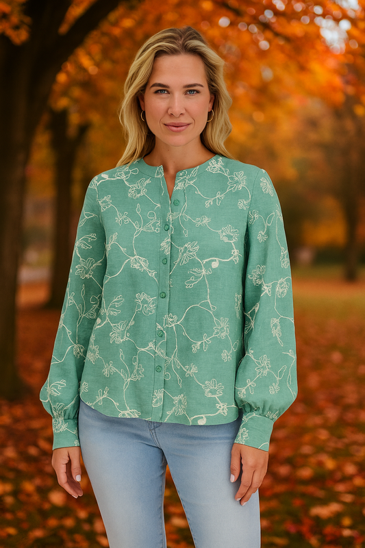 Velina Moda | Green Flower Embroidery Blouse Women Relaxed Fit
