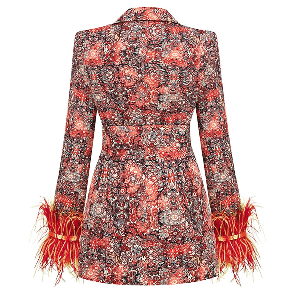 V neck dress blazer with feathers and abstract pattern for ladies