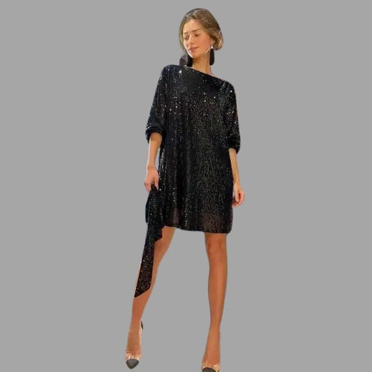 Sequin mini skirt dress, pleated waist and wide sleeves