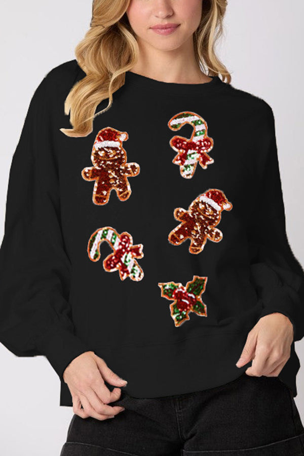 Velina Moda | Christmas Gingerbread Man Sequin Casual Long Sleeve Sweatshirt
