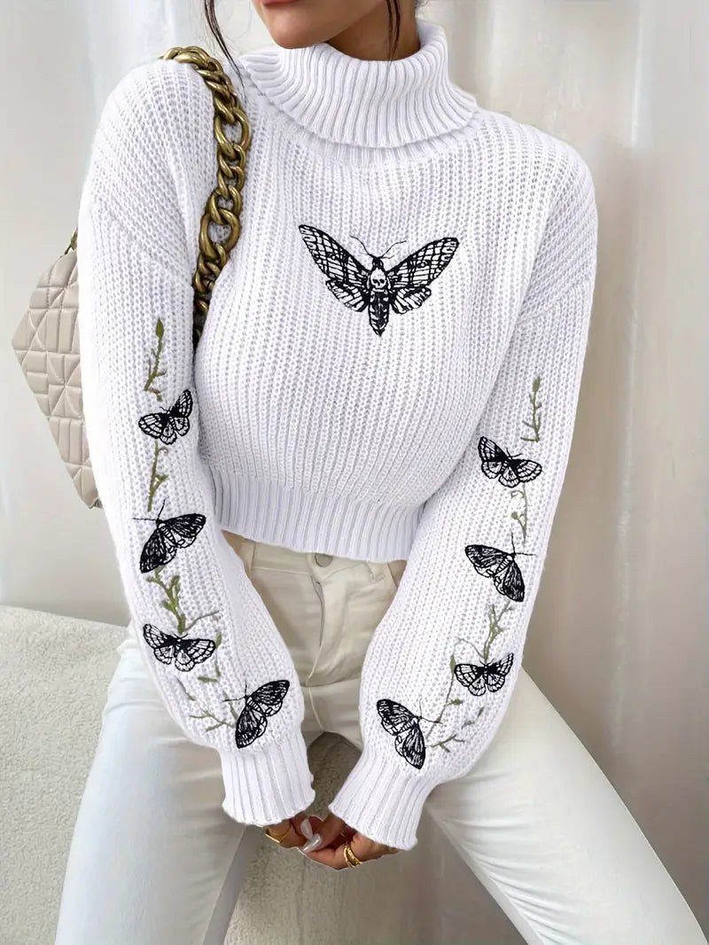 Velina Moda | Sweater with butterfly pattern and high collar - Elegant women's fashion