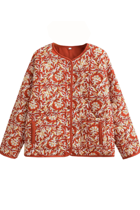 Velina Moda | Neck Floral Print Loose Quilted Cotton Jacket