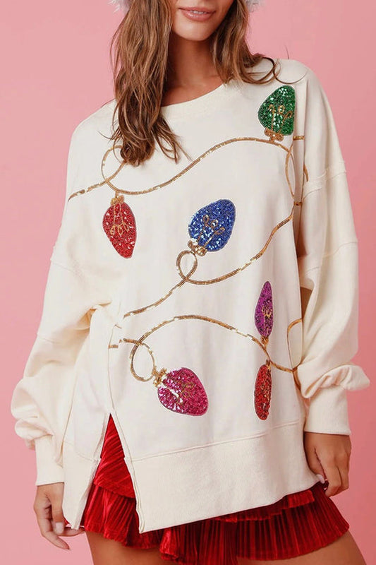Velina Moda | Christmas Lights Sequins Slit Pullover Sweatshirt