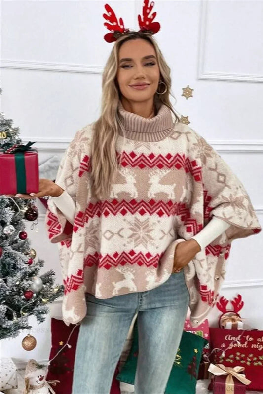 Velina Moda | Christmas Moose High Collar Contrast Batwing Sleeve Sweater