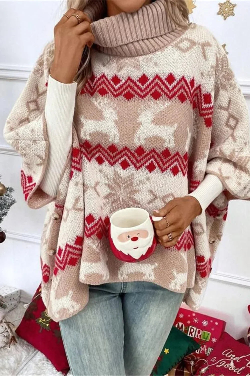 Velina Moda | Christmas Moose High Collar Contrast Batwing Sleeve Sweater