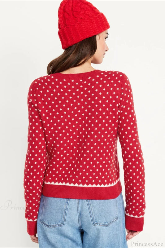 Velina Moda | Christmas Red Dotted Polka Dot Snow-Covered Long Sleeve Sweater