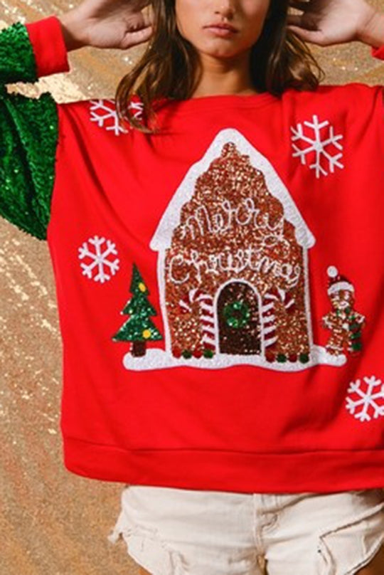 Velina Moda | Christmas Casual Loose Round Neck Sequin Sleeve Sweatshirt