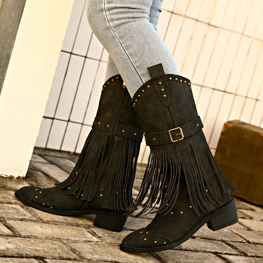 Brown Cowboy Boots with Fringes and Studs