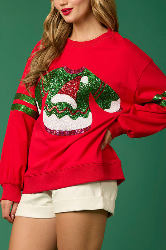 Velina Moda | Christmas Sequin Crew Neck Casual Sweatshirt