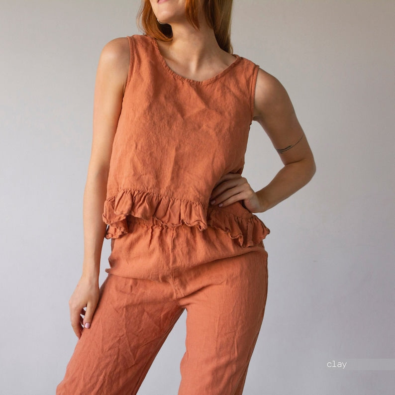 Blusa de lino con cinturón y mangas a media altura para mujer