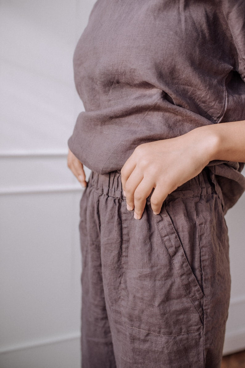 Conjunto de lino de dos piezas para mujer con pantalones cropped