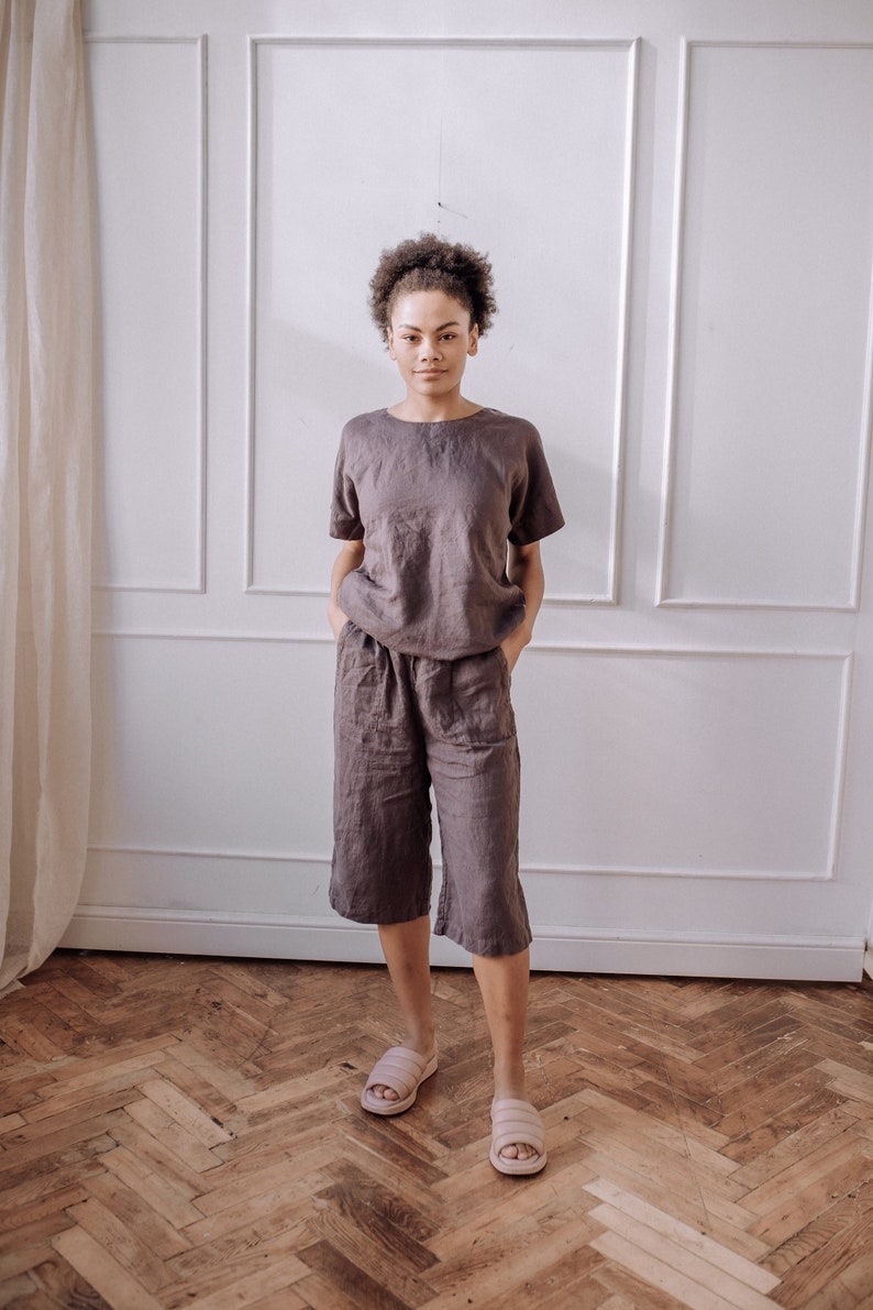 Conjunto de lino de dos piezas para mujer con pantalones cropped