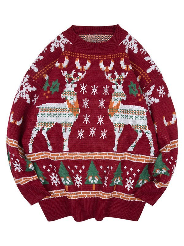 Velina Moda | Vintage Round Neck Sweater with Christmas Deer Print