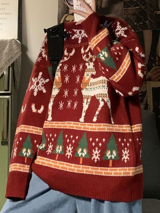Velina Moda | Vintage Round Neck Sweater with Christmas Deer Print