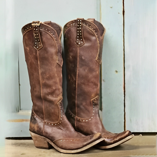 Brown Cowboy Boots with Embossed Details and Rustic Finish