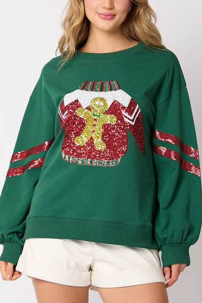 Velina Moda | Christmas Sequin Crew Neck Casual Sweatshirt