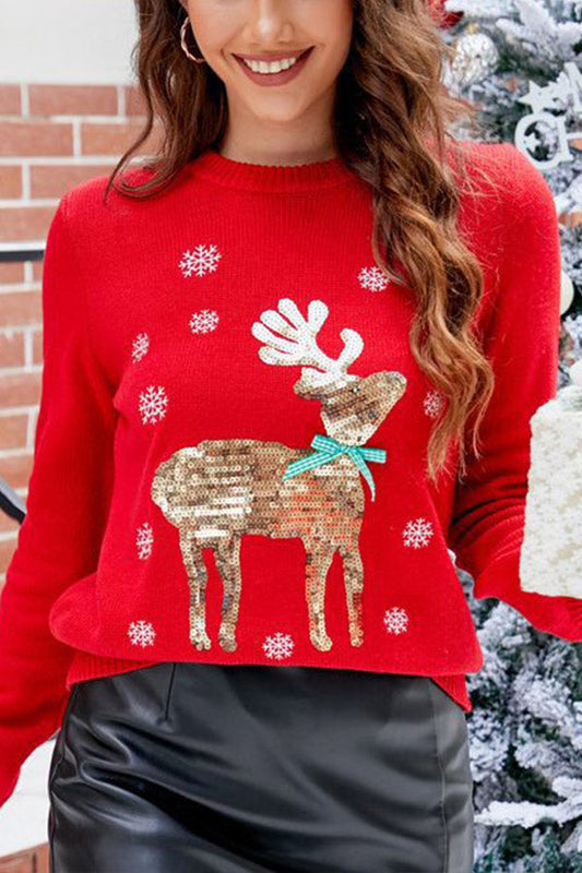 Velina Moda | Sweet Christmas Knit Sweater with Deer Embroidery